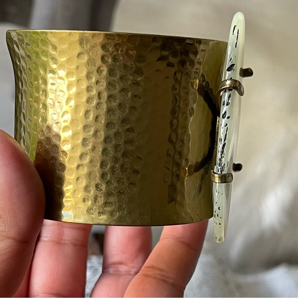 Hammered Brass Cuff Bracelet Adorned with Acrylic Pale Green Stone - Picture 6 of 16